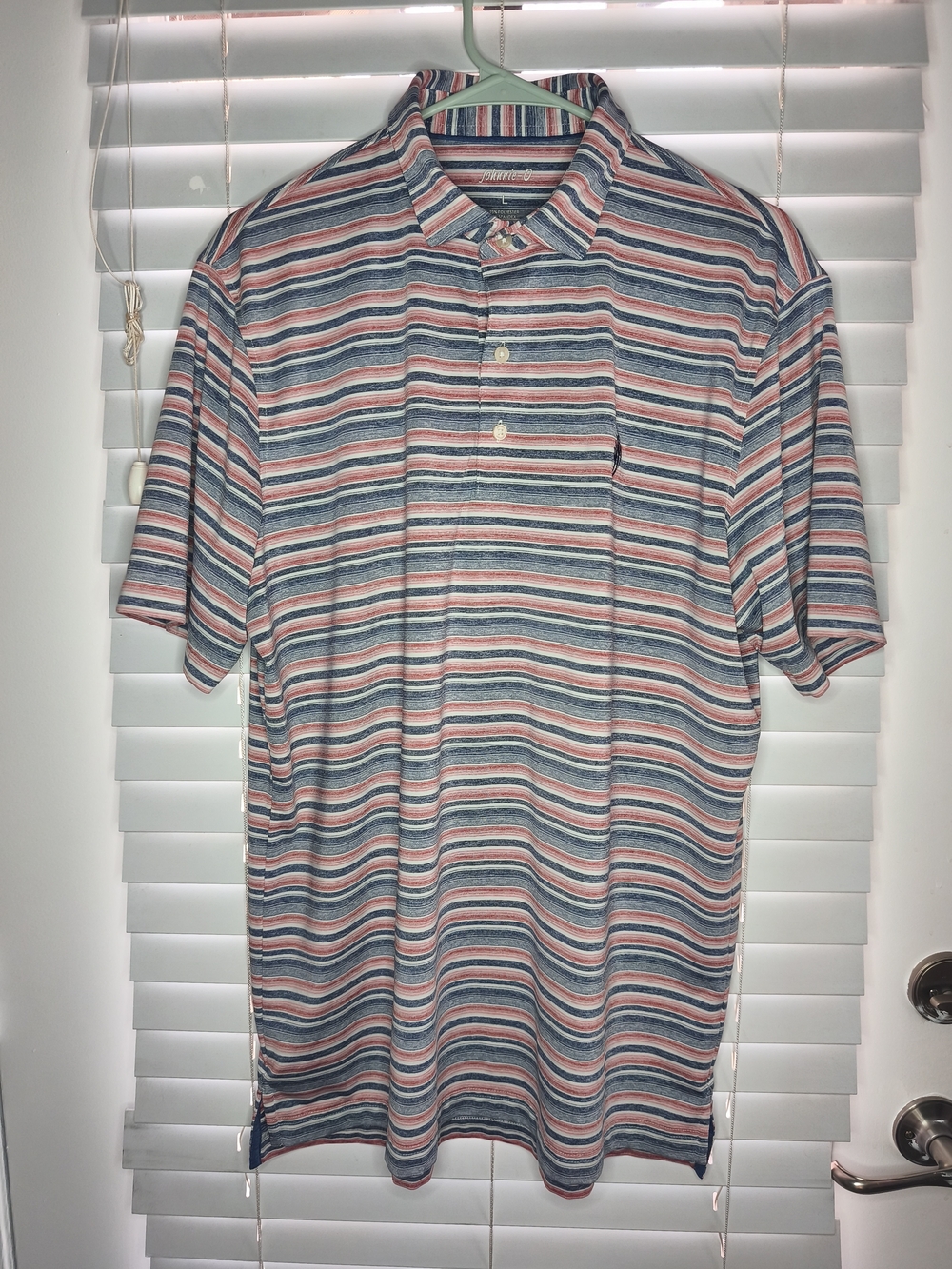 Johnnie-O Men's Large L Polo Shirt Blue Red Striped Cactus Logo Golf Casual